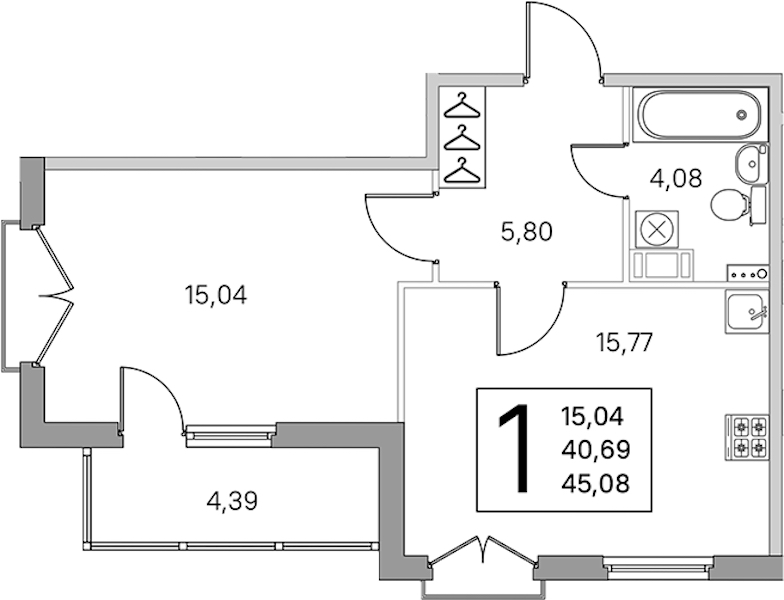 1-комнатная квартира 42.88 м², 3/4 эт., ЖК «Любоград в Стрельне»